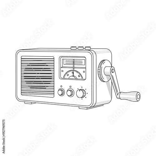 Vintage hand crank radio with dial and knobs line art illustration isolated on white background retro communication device
