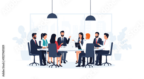 A group of nine formally dressed business professionals sits around a long conference table in a modern office with a subtle city skyline.
