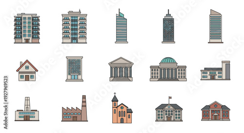 A structured arrangement of fifteen larger, colorful, outlined icons showcases diverse architectural building types on a light background.