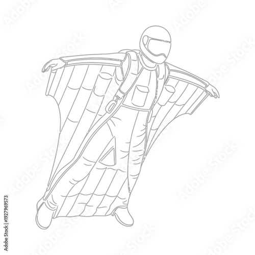 Sketch of a person in a wingsuit preparing for a thrilling jump wearing a helmet and gloves detailed line art style