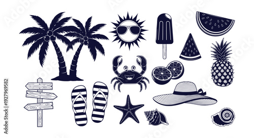 Summer Beach Vacation Tropical Paradise Elements Collection Vector Art Icons Set