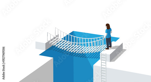 A person stands on a white platform looking across a deep blue chasm connected by a white rope bridge.