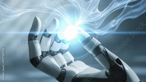 Abstract blue futuristic background with digital rays and a robot hand representing science technology concept