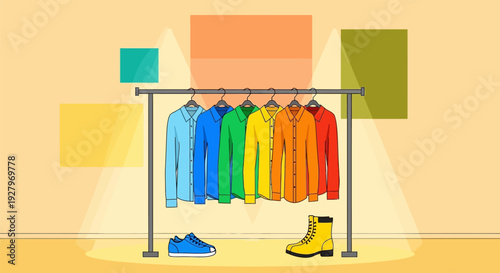 Colorful clothes hanging on a rack with shoes below in a minimalist setting.
