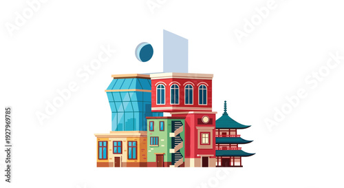 A whimsical stack of five distinct buildings, including a modern glass structure and a Japanese pagoda, is topped by a white cube on a white background.