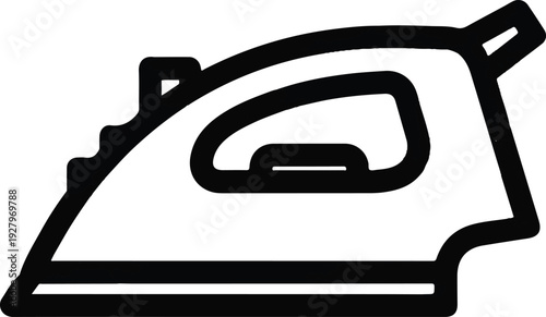 Simple black and white illustration of an electric iron, a common household appliance used for smoothing clothes and fabrics, perfect for domestic or cleaning-related graphics