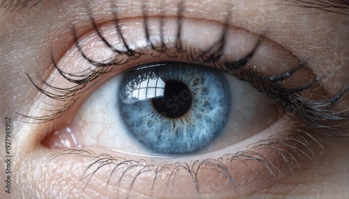 A detailed close up of a beautiful female human eye showcasing the intricate patterns of the iris and lashes
