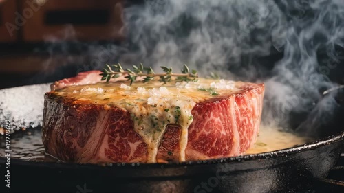 Delicious gourmet steak sizzle over the high heat of an indoor iron pan for a fresh and flavorful dinner meal
