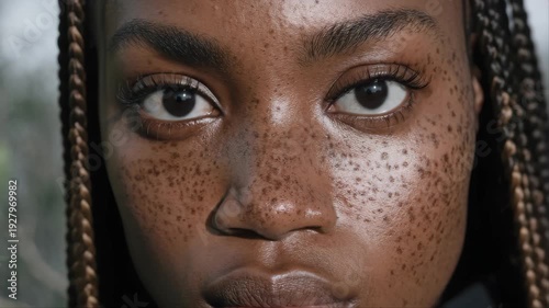 A beautiful black woman with a serious expression and striking eyes looks directly at the camera in this close up head shot