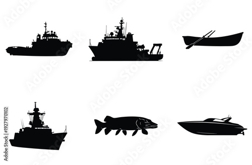 Submarine silhouette, research vessel illustration, and patrol boat vector. Underwater, marine, and naval craft collection. Sea, ocean, and military transportation.