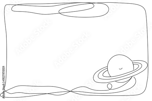 Line Art Abstract Planet Frame Border Character. Funny Cute Child Room Artwork Symbol. Childish Outline Decorative Element. Birthday Greeting Card Simple Design. Astronomy School Lesson Icon.
