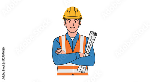 An illustrated male construction worker with light skin and dark hair stands with crossed arms, wearing a yellow hard hat and orange safety vest, holding a rolled blueprint.