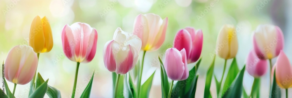 Fototapeta premium Beautiful tulips in pastel colors stand tall in a garden with sunlight shining through during springtime