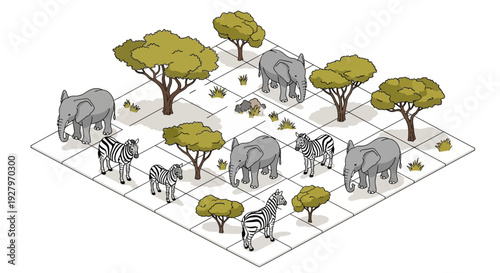 Isometric vector illustration of elephants and trees on a grid background for World Wildlife Day with a natural and educational design concept