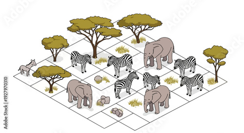Isometric vector illustration of various wildlife animals roaming freely in a natural savannah habitat with trees and rocks on World Wildlife Day