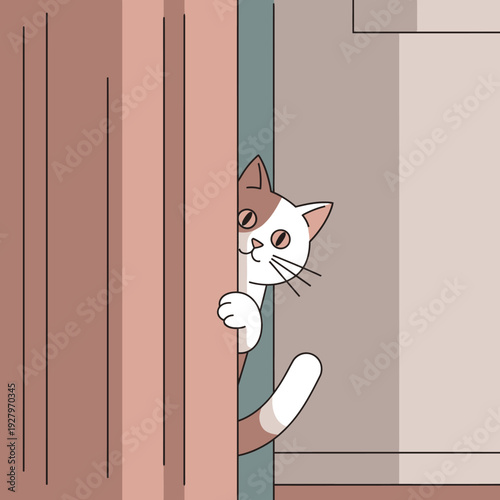 Cartoon cat peeking from behind door isolated on White Background