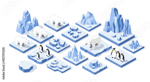 Isometric vector illustration of penguins in various scenes with icebergs, snow, and glaciers for World Wildlife Day, conveying a cold and natural environment