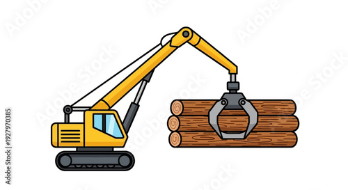Yellow excavator lifting logs.