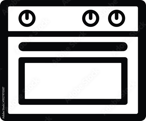 Stylized illustration of a kitchen oven with burners on top and a windowed door, rendered in a clean, modern black and white graphic style