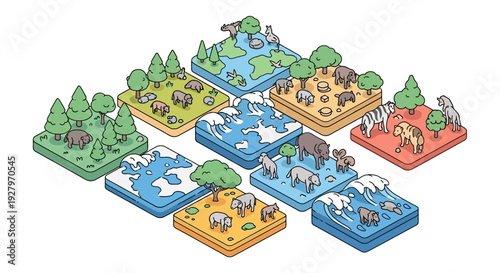 Isometric vector illustration of various wildlife habitats with diverse animals and plants on different colored blocks for World Wildlife Day