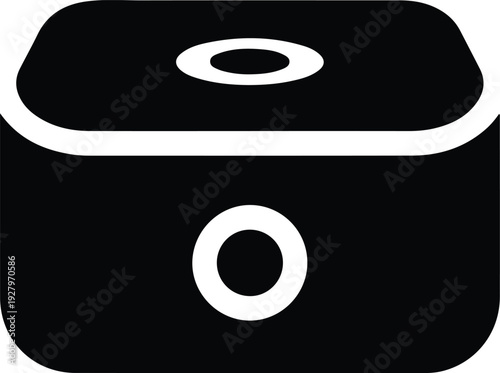 Stylized black and white icon of a futuristic audio speaker, representing modern sound technology and smart home devices
