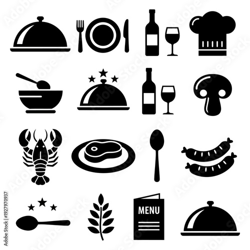 a collection of minimalist, black and white silhouette icons related to food and dining.