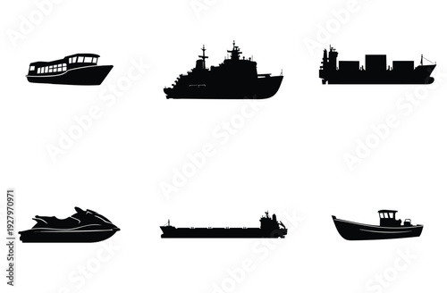 Trawler boat silhouette, luxury yacht illustration, and battleship vector. Sea vessels, leisure, and combat ship collection. Ocean, marine, and transport graphics.