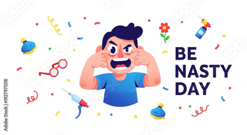 Be Nasty Day Playful Cartoon Character with Pranks Confetti and Funny Props Vector Illustration