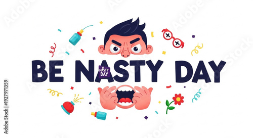 Be Nasty Day Playful Cartoon Character with Pranks Confetti and Funny Props Vector Illustration