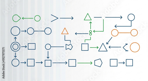 Flowchart diagram with various shapes and arrows on white background for business process visualization