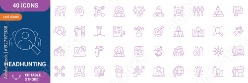 Headhunting Icon Set. Recruitment Icon. resume, candidate, job interview, human resource, career path, job hiring, Containing Job Interview, Job hiring and etc. Editable stroke. Vector illustration