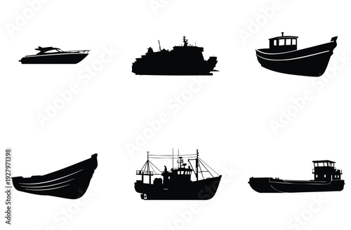 Speed boat silhouette on white background with checkered border, ferry boat outline, fishing boat, another wooden boat, large fishing trawler, and a cargo barge illustration set on white background