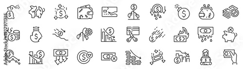 Set of 30 outline icons related to bankrupt. Linear icon collection. Editable stroke. Vector illustration