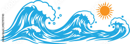 Dynamic blue ocean wave illustration with white foam and a bright orange sun, perfect for surfing or coastal themes.