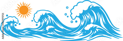 Dynamic blue ocean wave illustration with white foam and a bright orange sun, perfect for surfing or coastal themes.