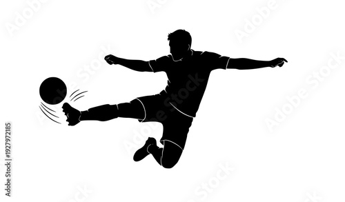 Soccer Player Kicking Ball in Mid Air Silhouette Vector Illustration