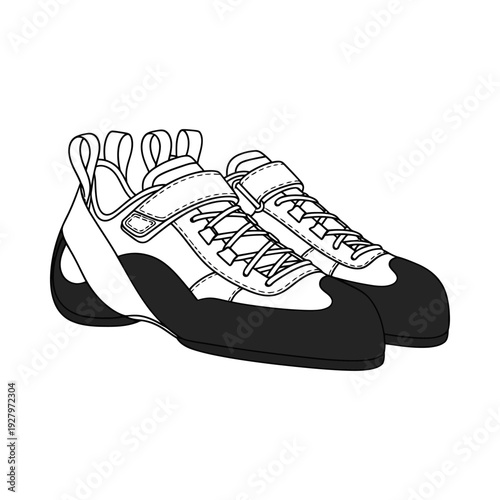 Black and white illustration of modern velcro strap athletic running shoes with laces and thick soles on white background
