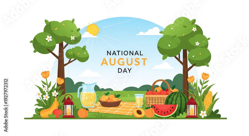 National August Day Summer Picnic with Fruits Trees and Outdoor Celebration Vector Illustration