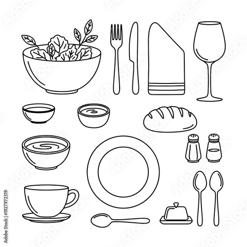 a collection of simple black line art icons related to dining and kitchen essentials.