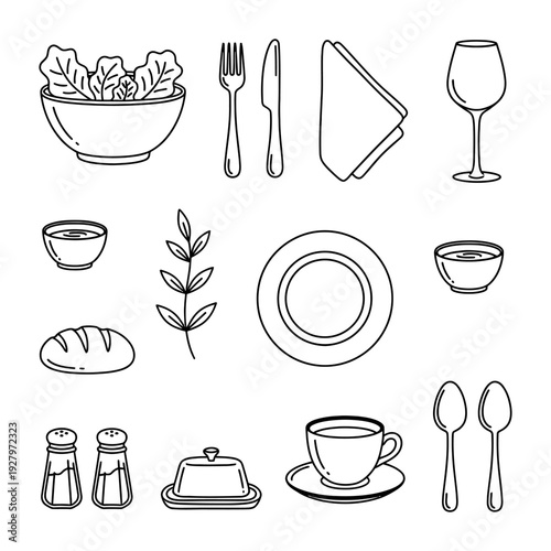 a collection of simple black line art icons related to dining and kitchen essentials.