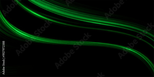 An abstract green background features flowing lines of light and energy that create a dynamic wave of motion and texture against a dark black backdrop