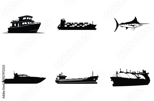 Various boat and ship outlines including motor yacht container ship marlin speedboat freighter and offshore vessel for maritime and transport use