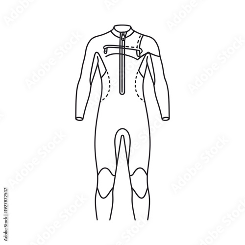 Athletic wetsuit design illustrated in a minimalistic style with detailed lines and curves for a sleek and modern appearance featuring long sleeves knee pads and a full body fit perfect for water