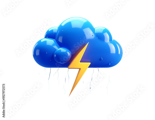 Blue storm cloud with raindrops and lightning bolt 3d cartoon weather icon design with thunder