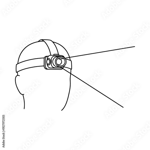 Headlamp worn on a helmet emitting light beams into the darkness minimalist sketch style isolated on white background