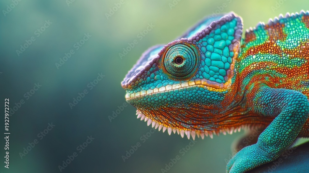 Obraz premium Closeup view of a colorful chameleon lizard resting on a branch in a natural setting with blurred background
