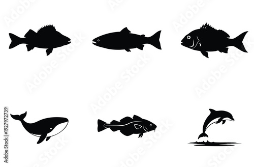 Marine life silhouettes including whale and dolphin icons along with various fish species like cod and snapper for aquatic nature design elements and environmental conservation branding projects