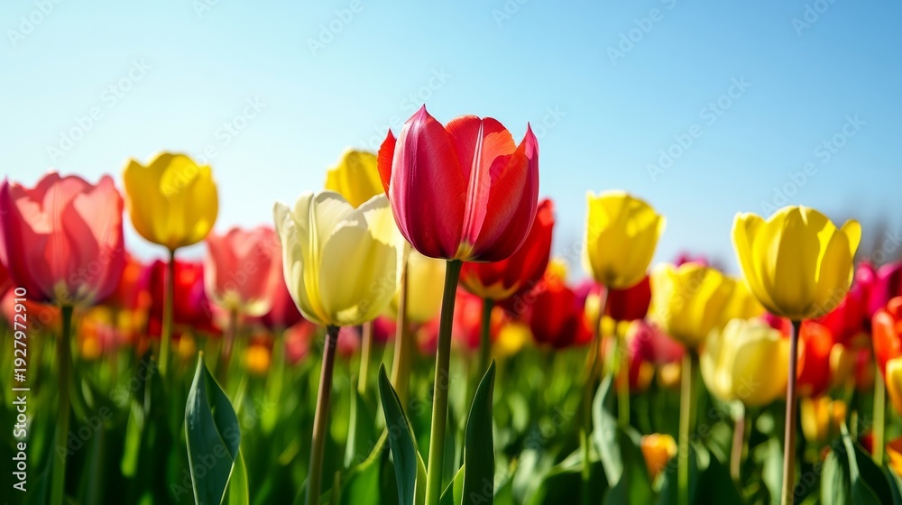 Fototapeta premium Bright tulip garden under clear sky with space for text