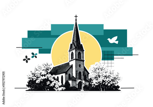 thickness. All icModern graphic collage of a black and white vintage church with a tall steeple surrounded by