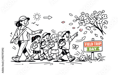 sSpring Field Trip. A cheerful group of students walking along a park path with backpacks, one child pointing